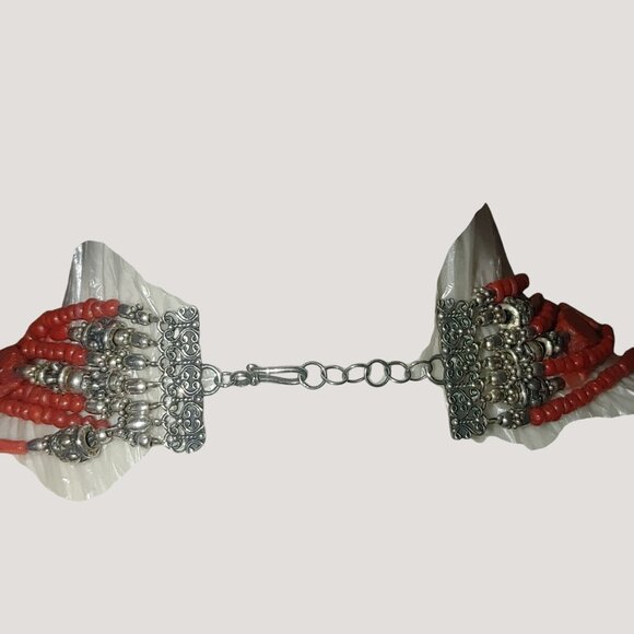 Red Coral Multi Strand Necklace 16 Inch Mexican 925 Sterling Silver Intricate - Picture 6 of 11